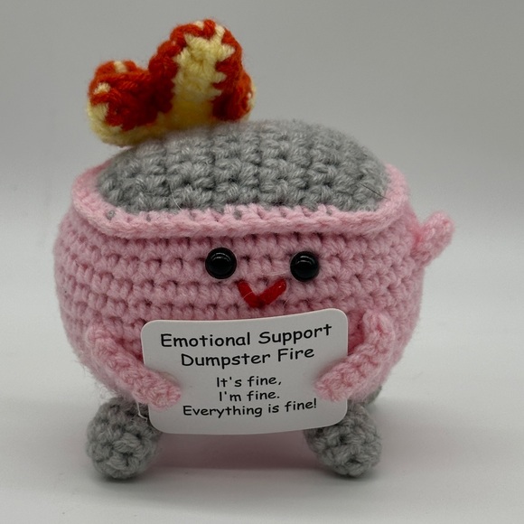Crochet Emotional Support Dumpster Fire with Sign Pink It’s Fine - Picture 1 of 1